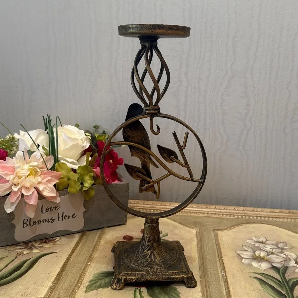 Bird & Leaf Design Brass Tone Finish Metal Candle Holder